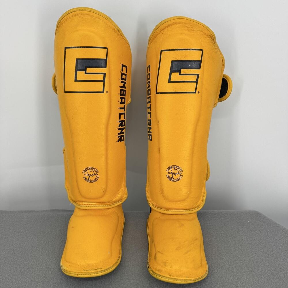 Combat Corner HMIT Muay Thai Shin Guards Medium Yellow Leather MMA Kickboxing